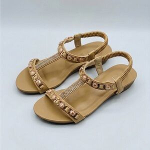 Comfort Stretch Tan T-Strap Embellished Sandals